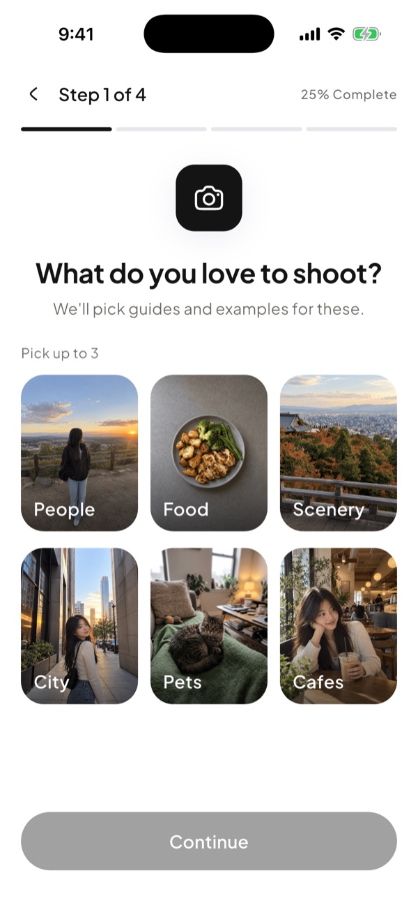Choosing what you love to shoot: people, food, scenery, city, pets, cafes